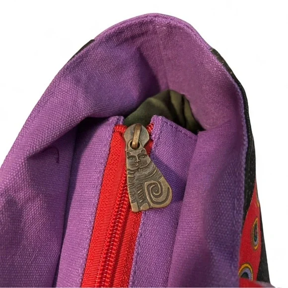 VTG Laurel Burch Colorful Cats Tote Bag Braided Strap Zip Canvas Purse Art Print - Picture 7 of 8